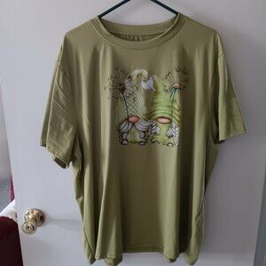 woman's short sleeve light olive-green shirt 4X with Gnomes